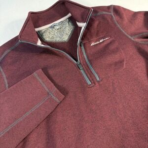 Eddie Bauer Mens Burgundy Marled Quarter Zip Pullover Fleece Sweatshirt Size M‎